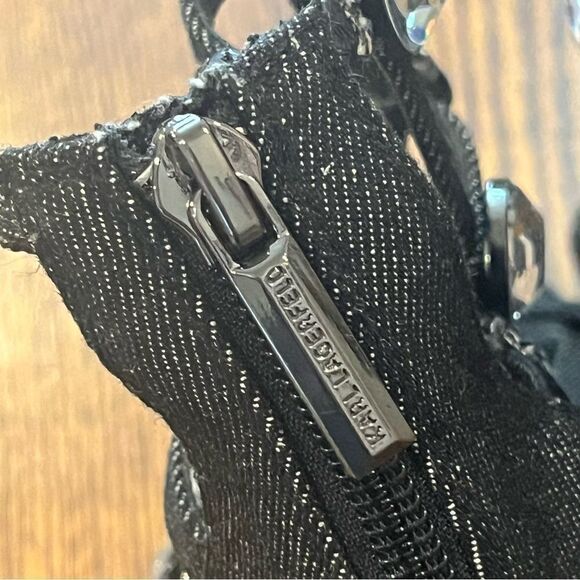 NWOB Karl Lagerfeld Paris Beatriz Crystal Cage Sandal size 6.5 Black Denim 4” - Picture 8 of 12